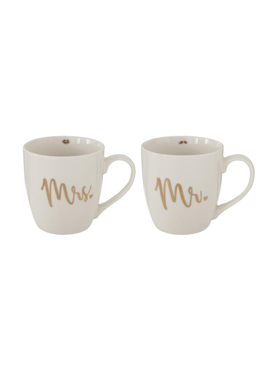 Tassen Mr Mrs mit Aufschrift, 2er-Set, New Bone China, Weiss, Goldfarben, Ø 10 x H 10 cm, 480 ml