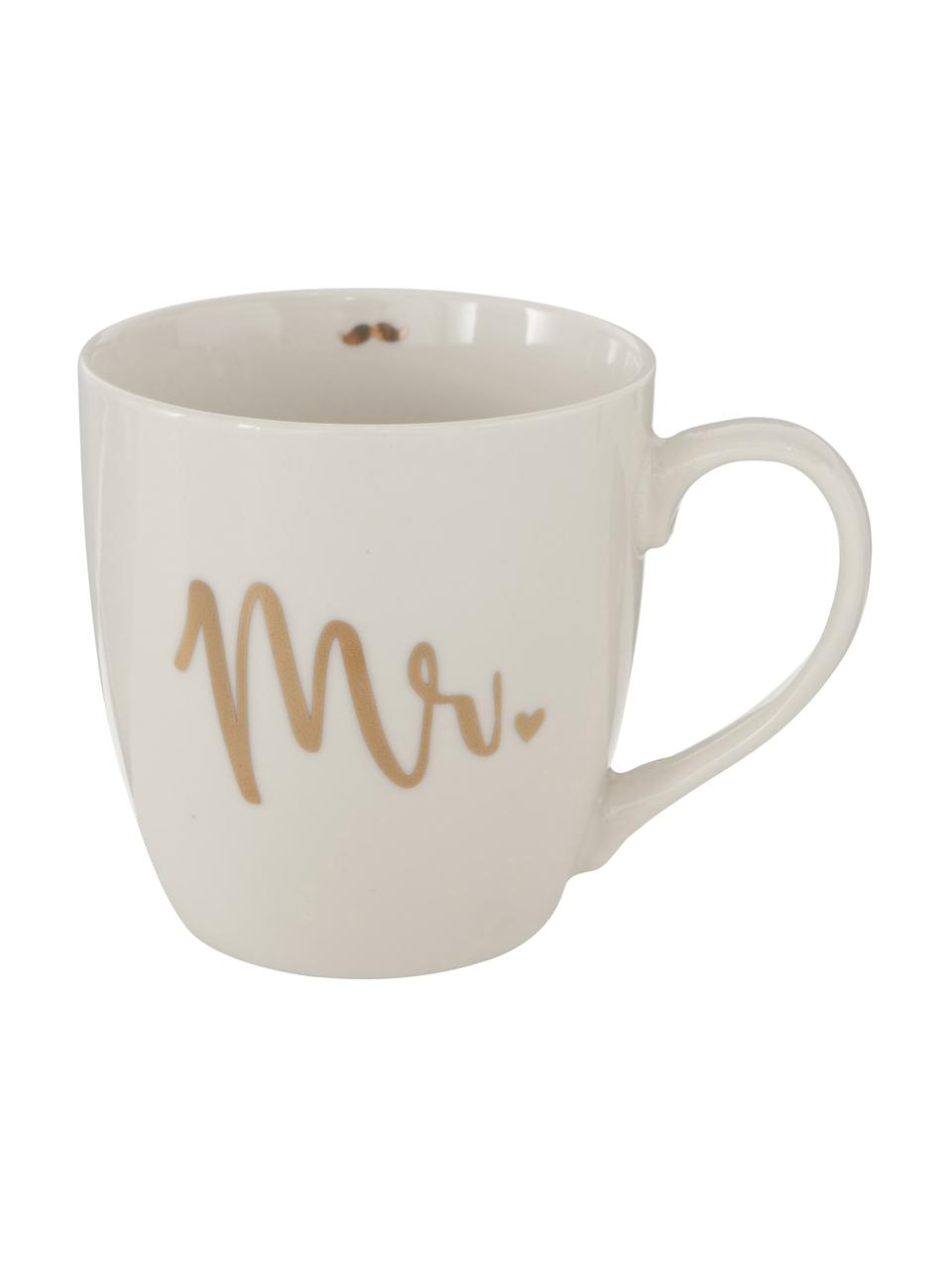 Set de Tazas de café Mr Mrs, 2 uds., Porcelana New Bone China, Blanco, dorado, Ø 10 x Al 10 cm, 480 ml