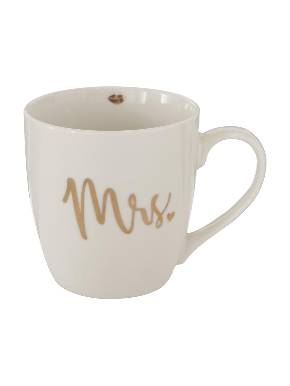 Set de Tazas de café Mr Mrs, 2 uds., Porcelana New Bone China, Blanco, dorado, Ø 10 x Al 10 cm, 480 ml