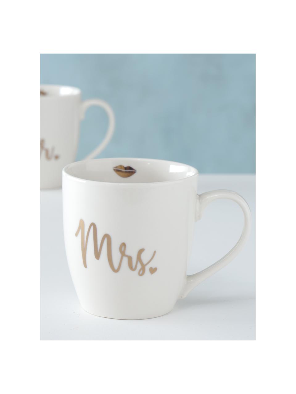 Service de tasses Mr Mrs, 2 élém., Porcelaine New Bone China, Blanc, couleur dorée, Ø 10 x haut. 10 cm, 480 ml