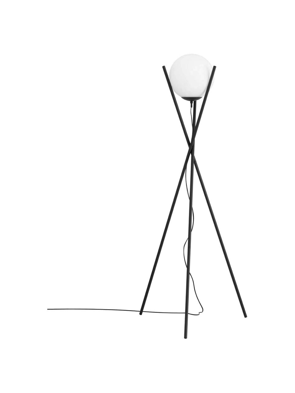 Lampada da terra treppiede Salvezinas, Paralume: vetro opale, Base della lampada: acciaio rivestito, Bianco, nero, Ø 28 x Alt. 150 cm