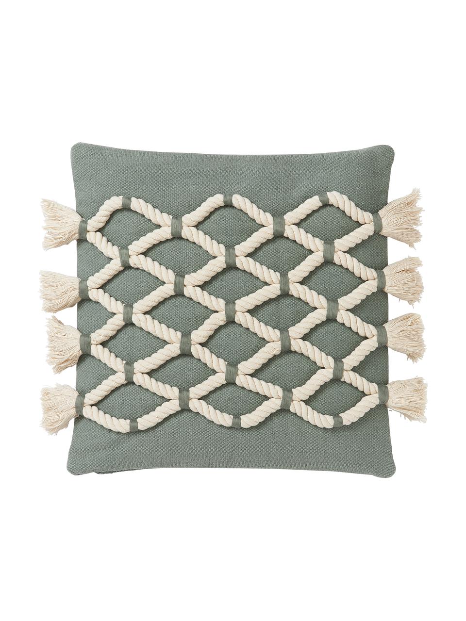 Copricuscino con decoro marittimo a nodo Galliot, 100% cotone, Verde grigio, beige, Larg. 40 x Lung. 40 cm