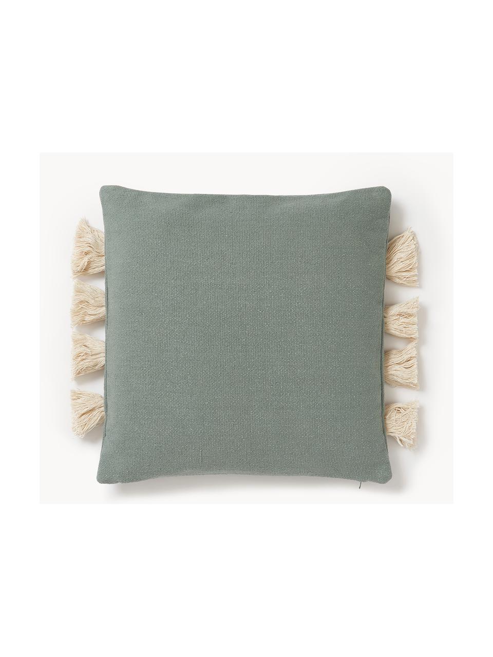 Housse de coussin 40x40 motif nœuds Galliot, 100 % coton, Vert sauge, blanc crème, larg. 40 x long. 40 cm