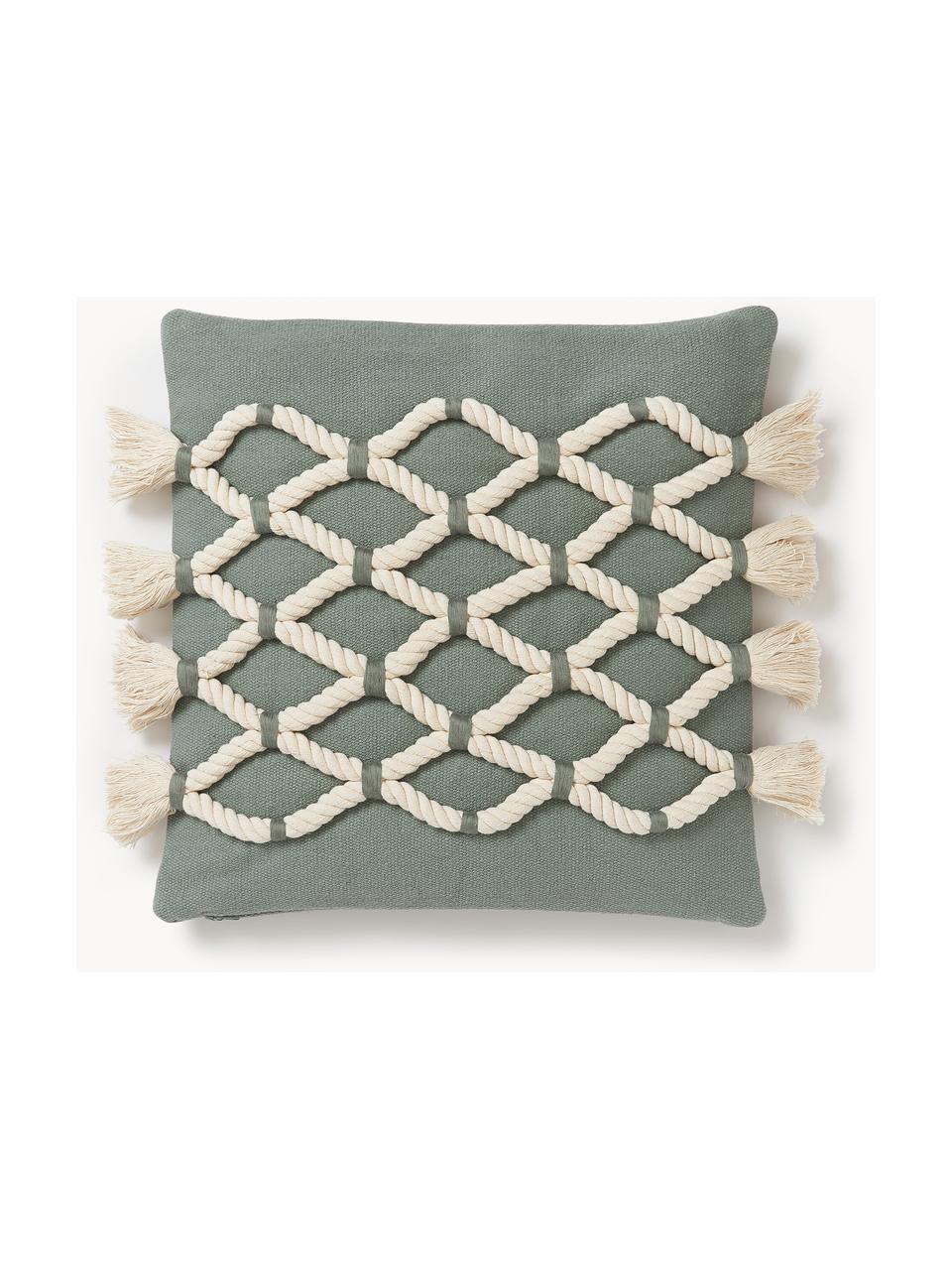 Housse de coussin 40x40 motif nœuds Galliot, 100 % coton, Vert sauge, blanc crème, larg. 40 x long. 40 cm