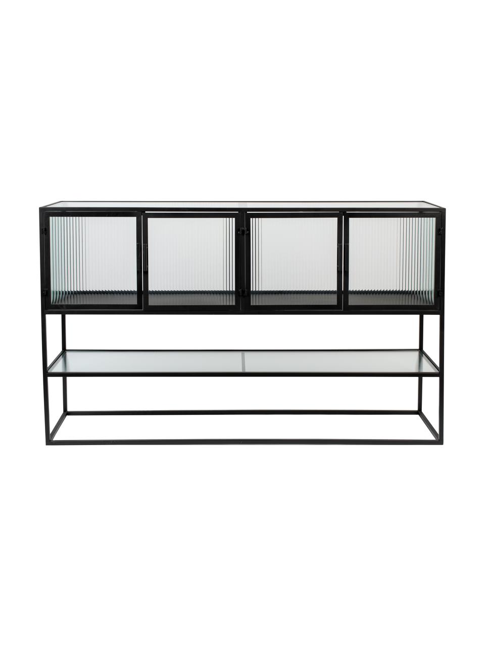 Credenza in vetro rigato e struttura in metallo Boli, Struttura: metallo verniciato a polv, Nero, semi trasparente, Larg. 150 x Alt. 90 cm