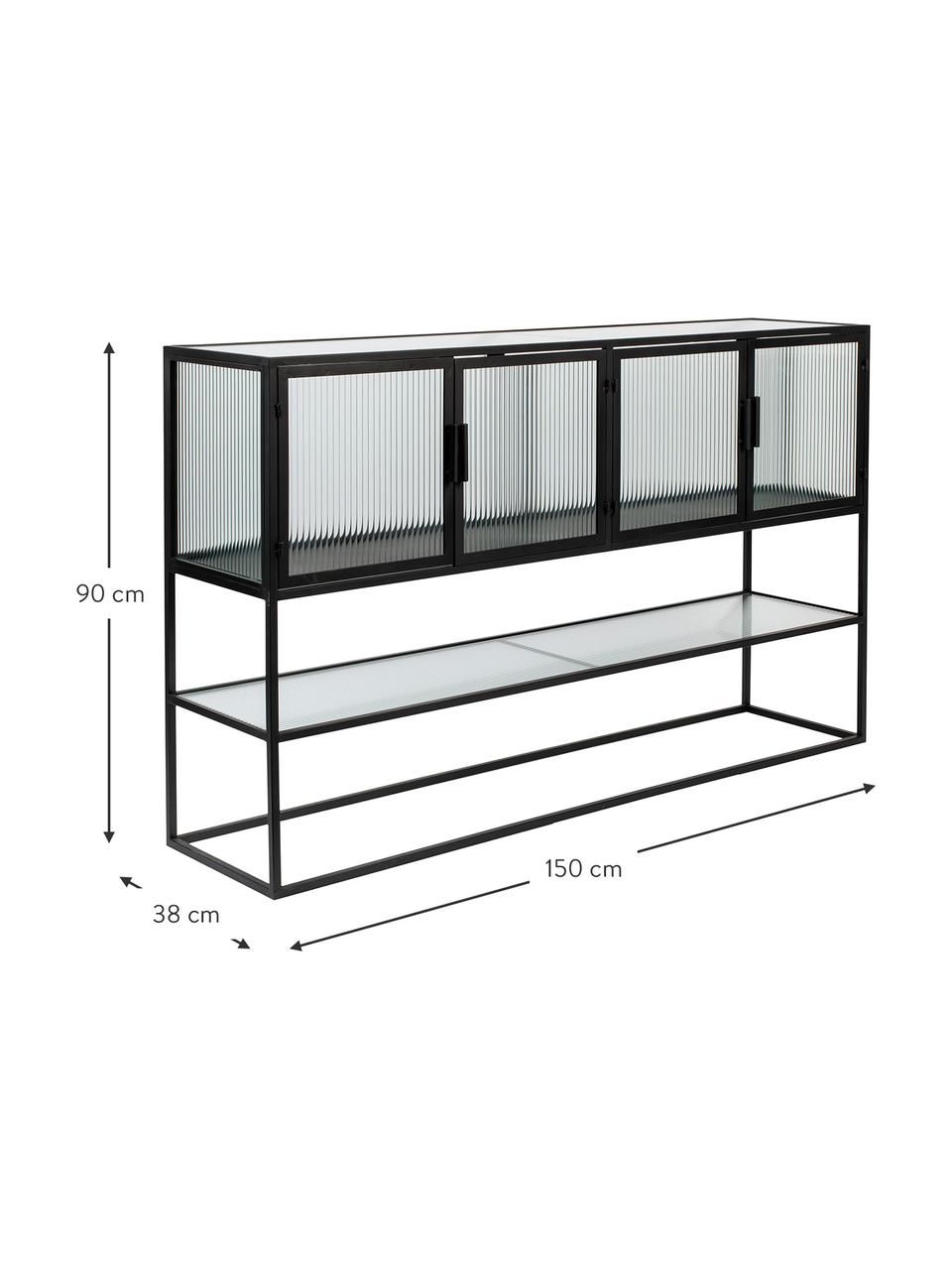 Dressoir Boli met gegroefd glas, Frame: gepoedercoat metaal, Zwart, semi-transparant, B 150 cm x H 90 cm