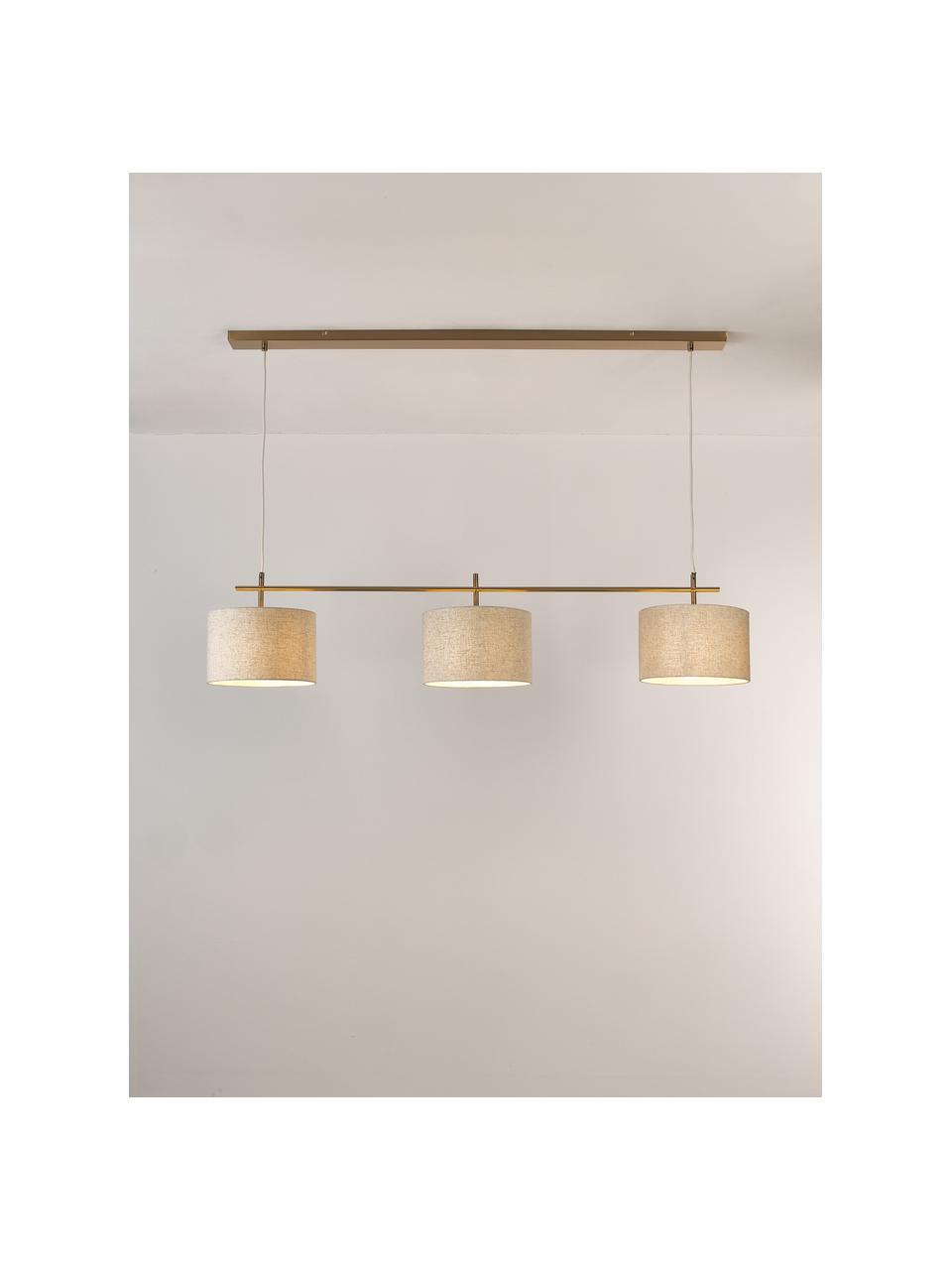 Lampada a sospensione grande Liara, Paralume: tessuto in lino (55% lino, Struttura: metallo spazzolato, Baldacchino: metallo spazzolato, Beige chiaro, dorato, Larg. 140 x Alt. 18 cm