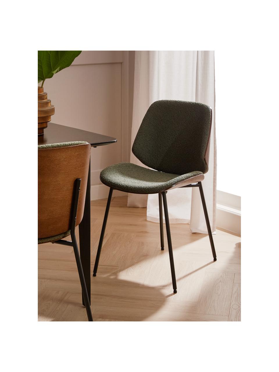 Houten stoelen Tamara met gestoffeerde bouclé zitting, 2 stuks, Bekleding: bouclé (100 % polyester), Zitvlak: multiplex met eiken, Poten: gepoedercoat metaal, Bouclé groen, B 47 x D 60 cm