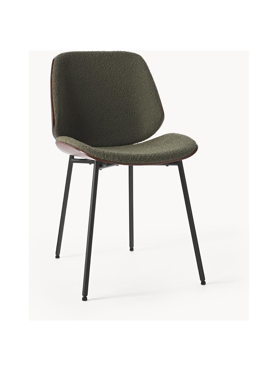 Houten stoelen Tamara met gestoffeerde bouclé zitting, 2 stuks, Bekleding: bouclé (100 % polyester), Zitvlak: multiplex met eiken, Poten: gepoedercoat metaal, Bouclé groen, B 47 x D 60 cm