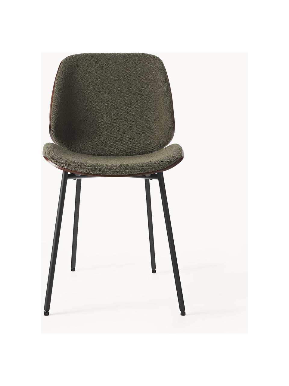 Houten stoelen Tamara met gestoffeerde bouclé zitting, 2 stuks, Bekleding: bouclé (100 % polyester), Zitvlak: multiplex met eiken, Poten: gepoedercoat metaal, Bouclé groen, B 47 x D 60 cm