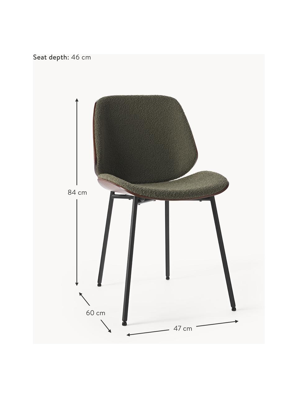 Houten stoelen Tamara met gestoffeerde bouclé zitting, 2 stuks, Bekleding: bouclé (100 % polyester), Zitvlak: multiplex met eiken, Poten: gepoedercoat metaal, Bouclé groen, B 47 x D 60 cm