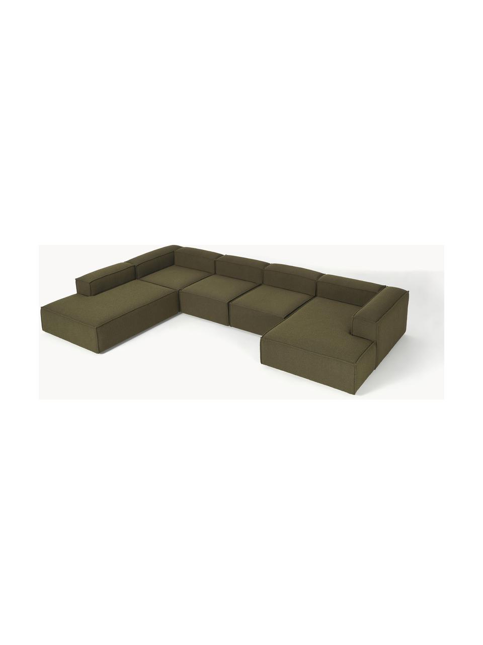 Divano componibile in bouclé Lennon, Rivestimento: bouclé (100% poliestere) , Struttura: legno di pino massiccio c, Piedini: plastica, Bouclé verde oliva, Larg. 418 x Prof. 269 cm, chaise longue a sinistra