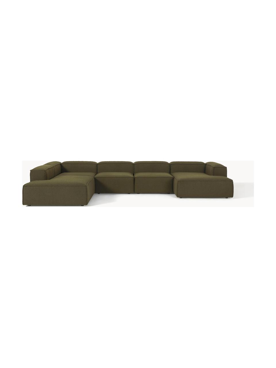 Salon lounge modulable en bouclette Lennon, Bouclette vert olive, larg. 418 x prof. 269 cm, méridienne à gauche