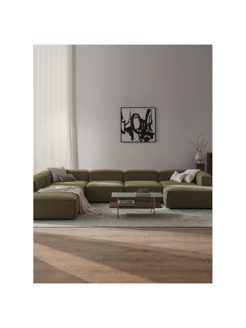 Divano componibile in bouclé Lennon, Rivestimento: bouclé (100% poliestere) , Struttura: legno di pino massiccio c, Piedini: plastica, Bouclé verde oliva, Larg. 418 x Prof. 269 cm, chaise longue a sinistra