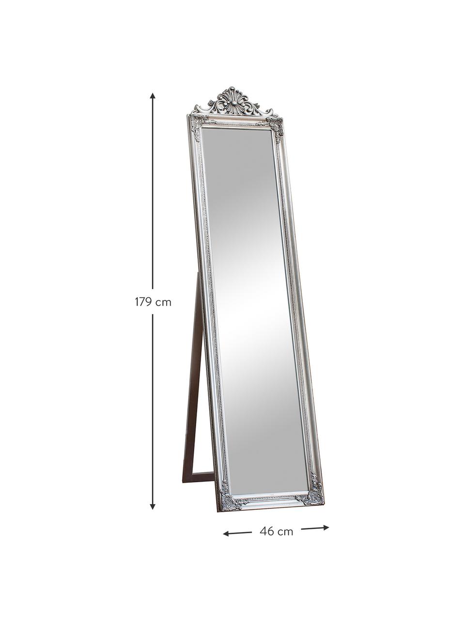 Miroir rectangulaire style baroque argent sur pied Lambeth, Couleur argentée, larg. 46 x haut. 179 cm