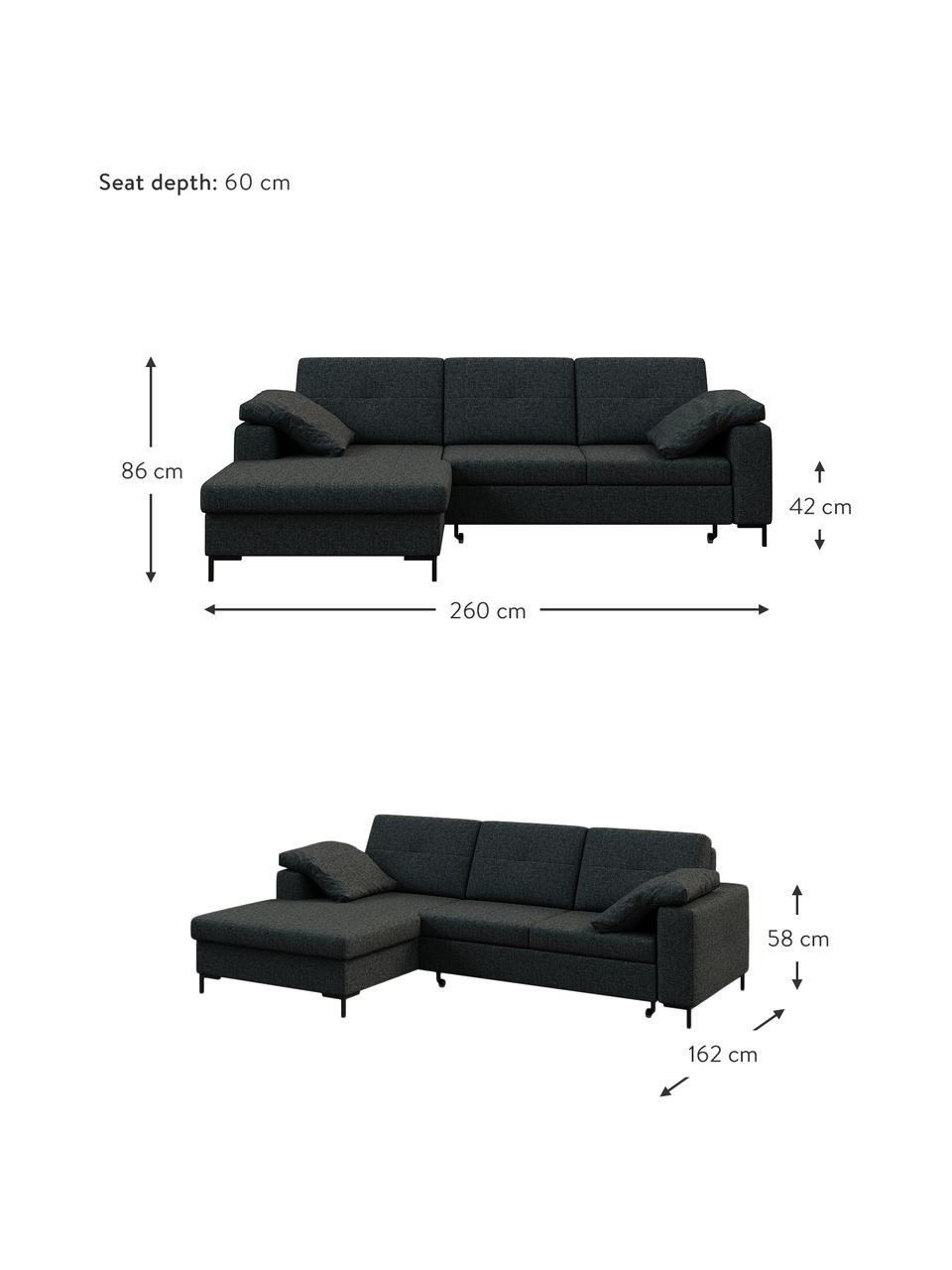 Sofá cama rinconero Moor, con espacio de almacenamiento, Tapizado: 100% poliéster de fácil l, Estructura: madera dura, madera bland, Patas: madera pintada Alta resis, Gris antracita, An 260 x F 162 cm