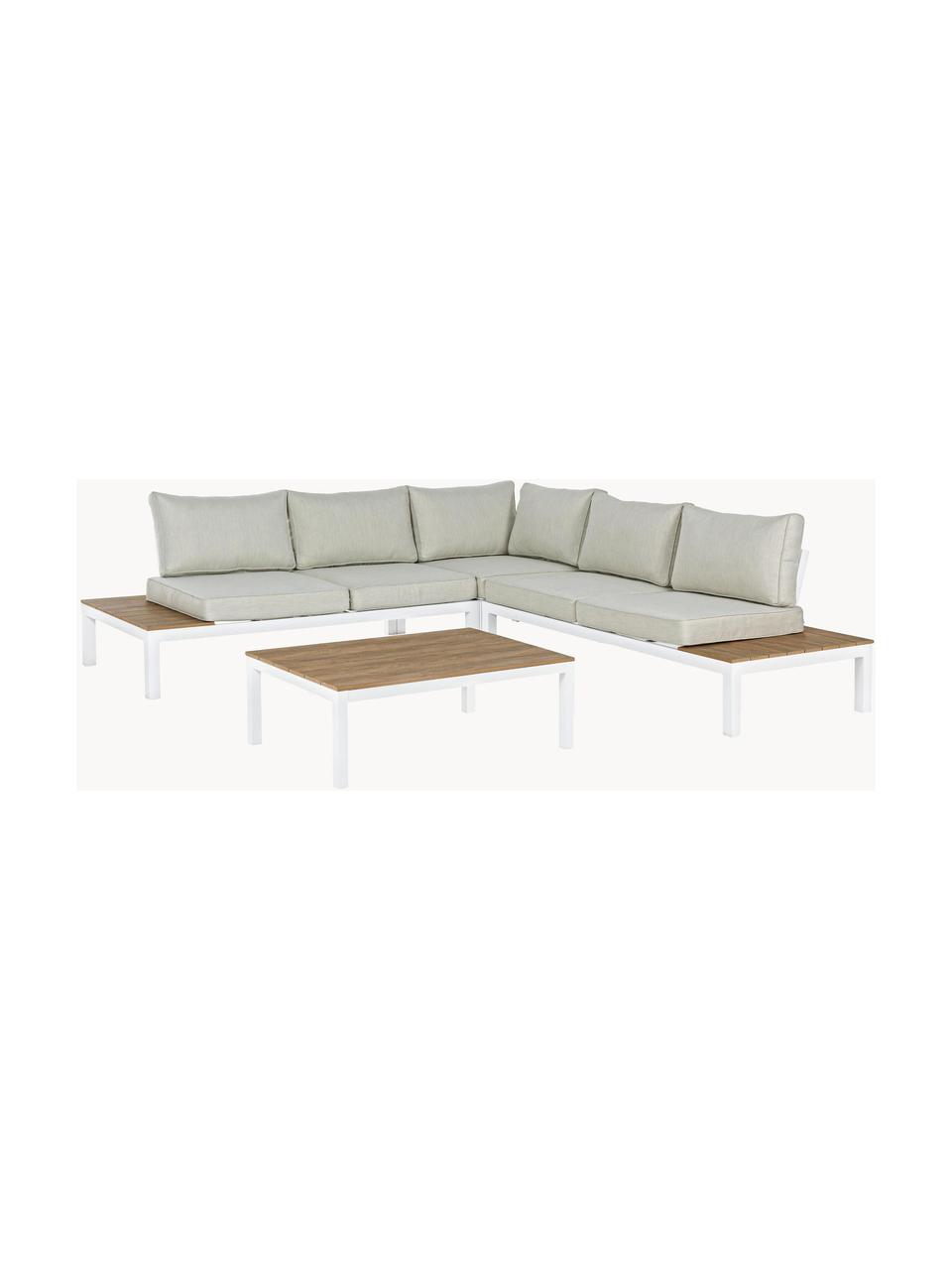 Outdoor loungeset Elias, 4-delig, Frame: gepoedercoat aluminium, Zitvlak: gecoat multiplex, Geweven stof lichtbeige, multiplex, wit, Set met verschillende formaten