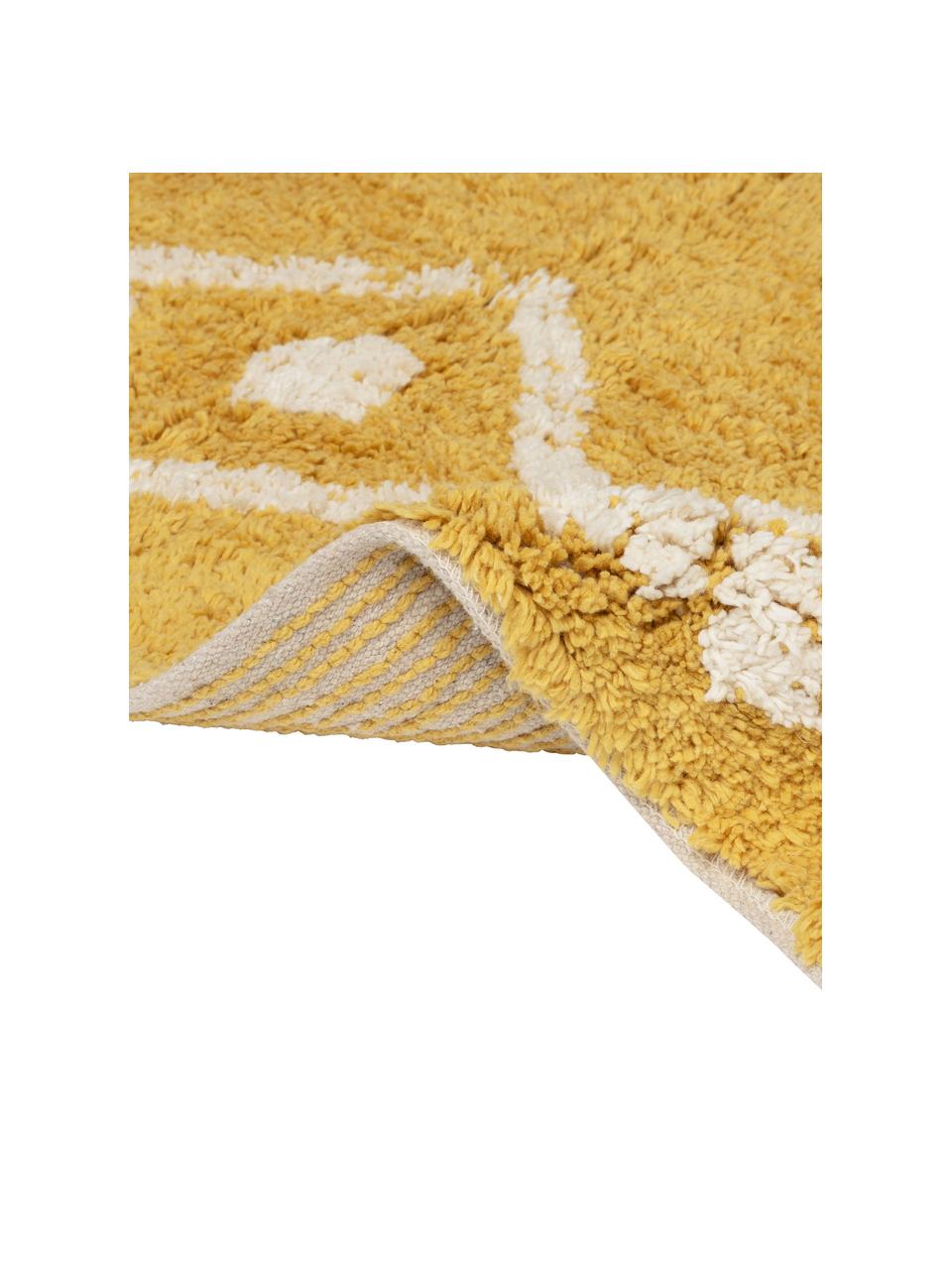 Dywanik łazienkowy z chwostami w stylu boho Fauve, 100% bawełna, Żółty, biały, S 50 x D 70 cm
