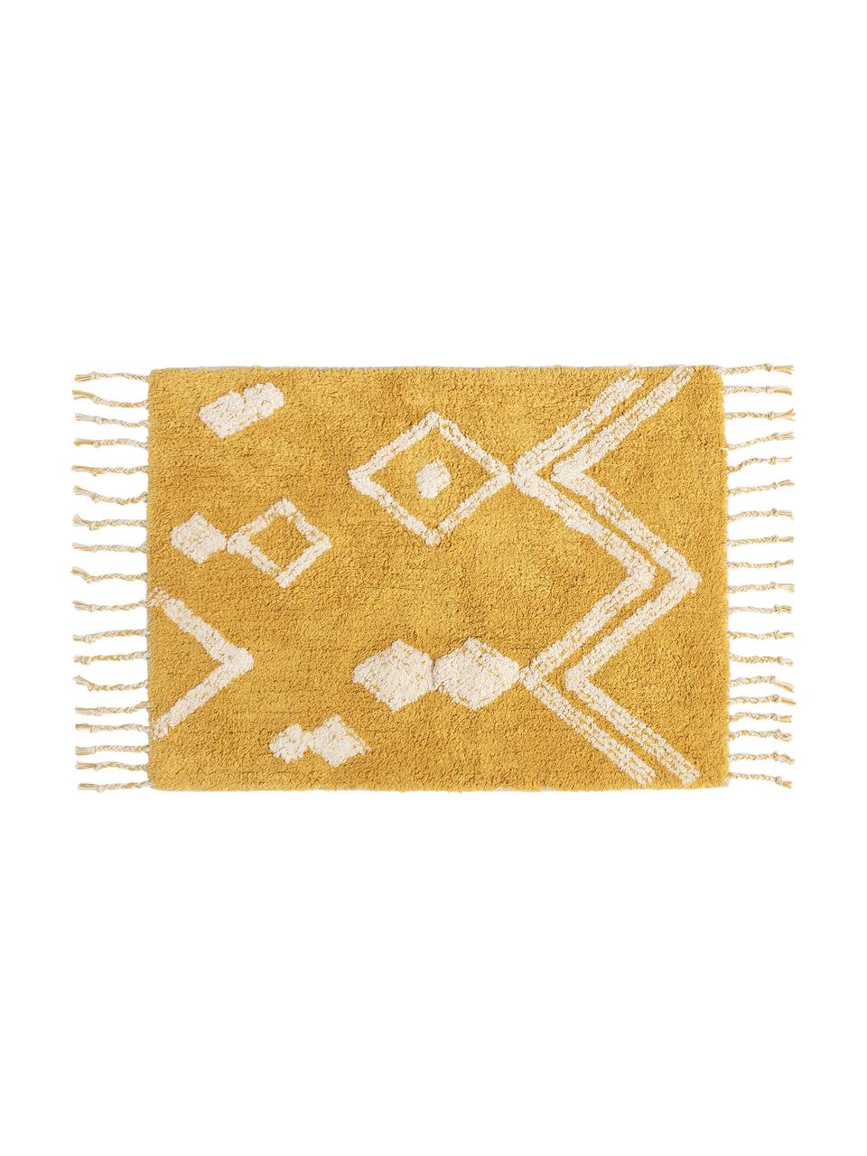 Alfombrilla de baño con borlas Fauve, estilo boho, 100% algodón, Amarillo, blanco, An 50 x L 70 cm