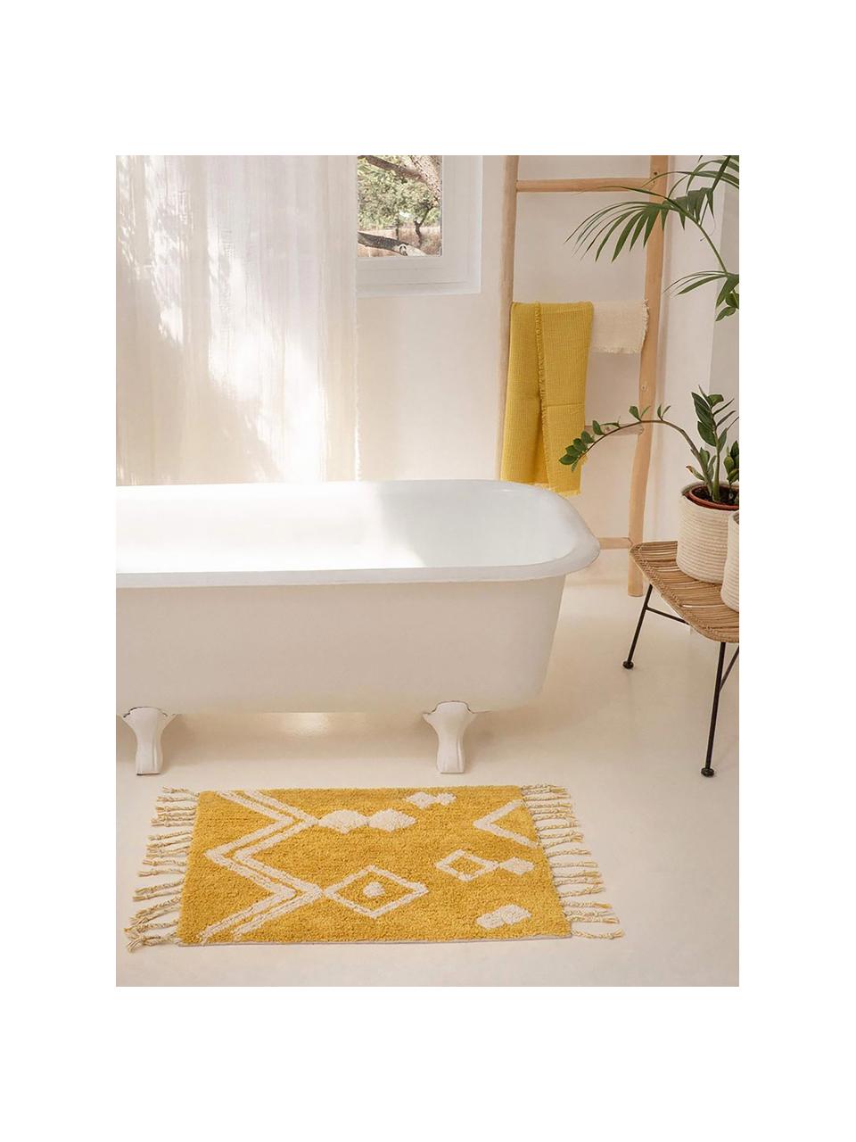 Alfombrilla de baño con borlas Fauve, estilo boho, 100% algodón, Amarillo, blanco, An 50 x L 70 cm