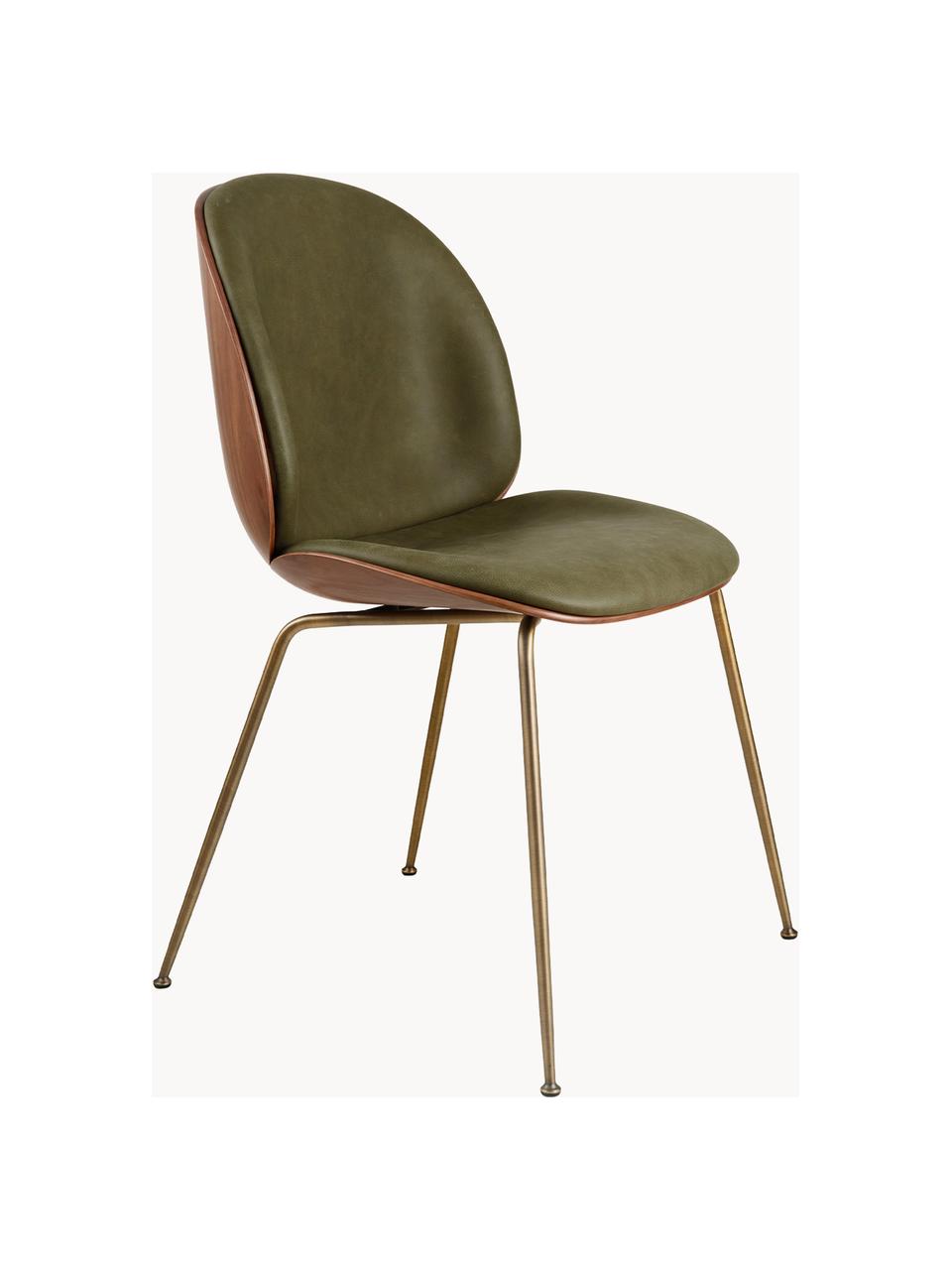 Židle z umělé kůže se skořepinovým sedákem Beetle, Imitace kůže olivově zelená, ořechové dřevo, matná zlatá, Š 56 cm, H 58 cm