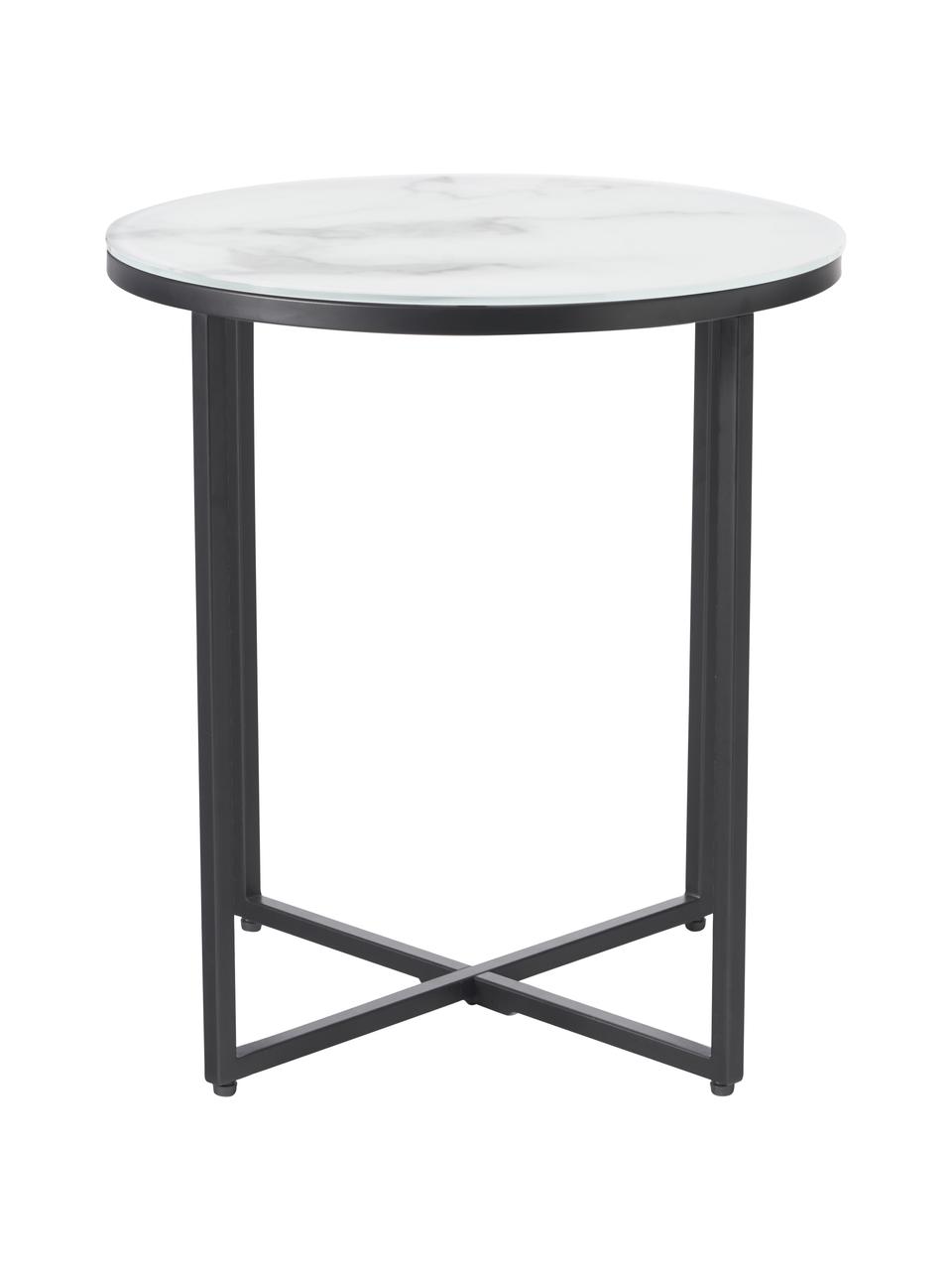 Kulatý odkládací stolek se skleněnou deskou v mramorovém vzhledu Antigua, Bílá v mramorovém vzhledu, černá, Ø 45 cm, V 50 cm