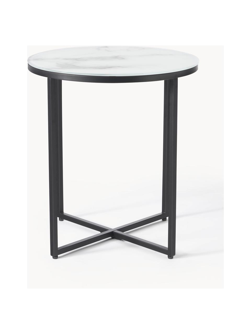 Mesa auxiliar redonda con tablero de vidrio en look mármol Antigua, Tablero: vidrio estampado con aspe, Estructura: acero con pintura en polv, Aspecto mármol blanco, negro mate, Ø 45 x Al 50 cm