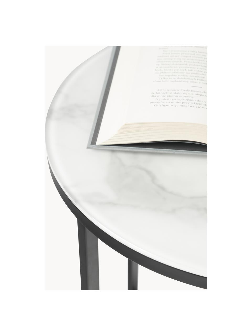 Tavolino rotondo con piano in vetro effetto marmo Antigua, Struttura: acciaio verniciato a polv, Bianco effetto marmo. nero opaco, Ø 45 x Alt. 50 cm