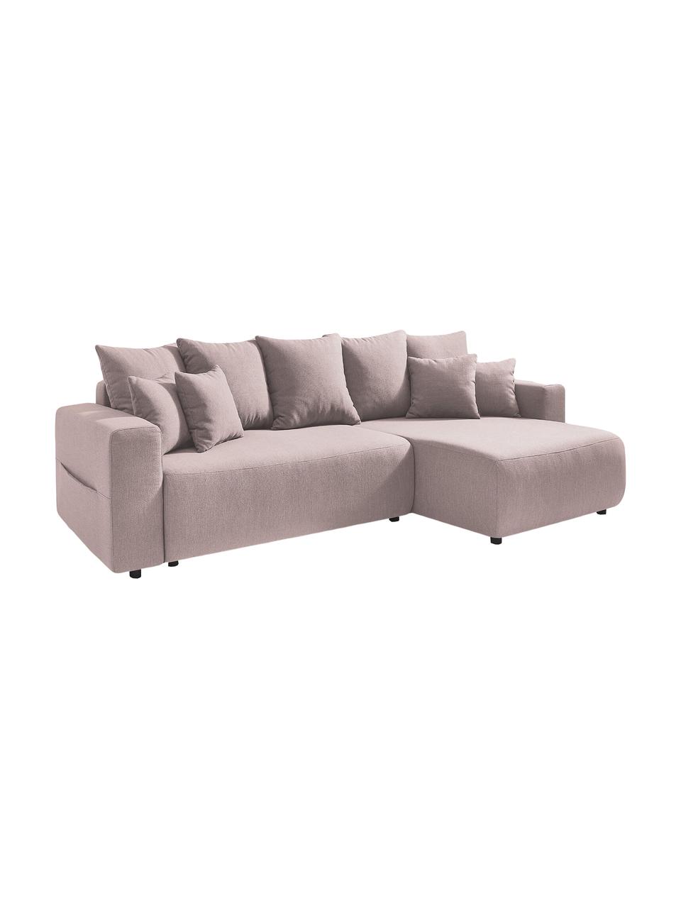 Divano letto angolare in tessuto rosa con contenitore Elvi, Rivestimento: poliestere con rivestimen, Sottostruttura: legno, molle Nosag, Piedini: materiale sintentico Il t, Tessuto rosa, nero, Larg. 282 x Prof. 153 cm