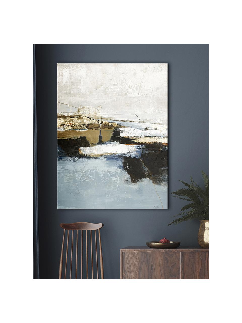 Handbeschilderde canvasdoek Freja Get Away, Afbeelding: Daler Rowney HQ acryl ver, Goudkleurig, blauw, wit, multicolour, B 90 x H 120 cm
