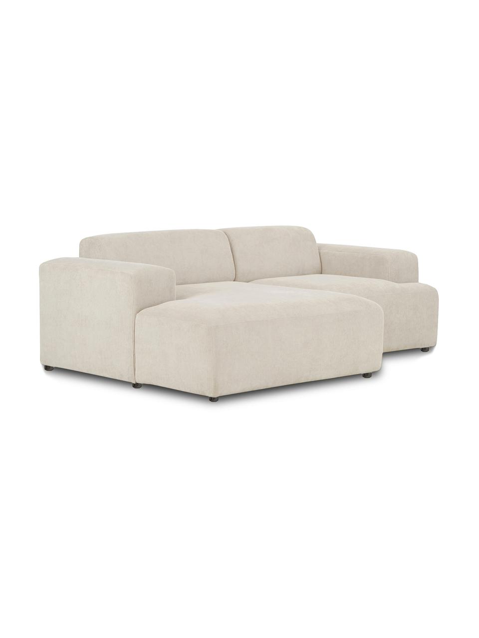 Divano angolare 3 posti in velluto a coste Melva, Rivestimento: velluto a coste (92% poli, Struttura: legno di pino massiccio, , Piedini: plastica, Velluto a coste beige, Larg. 239 x Prof. 143 cm, chaise-longue a sinistra
