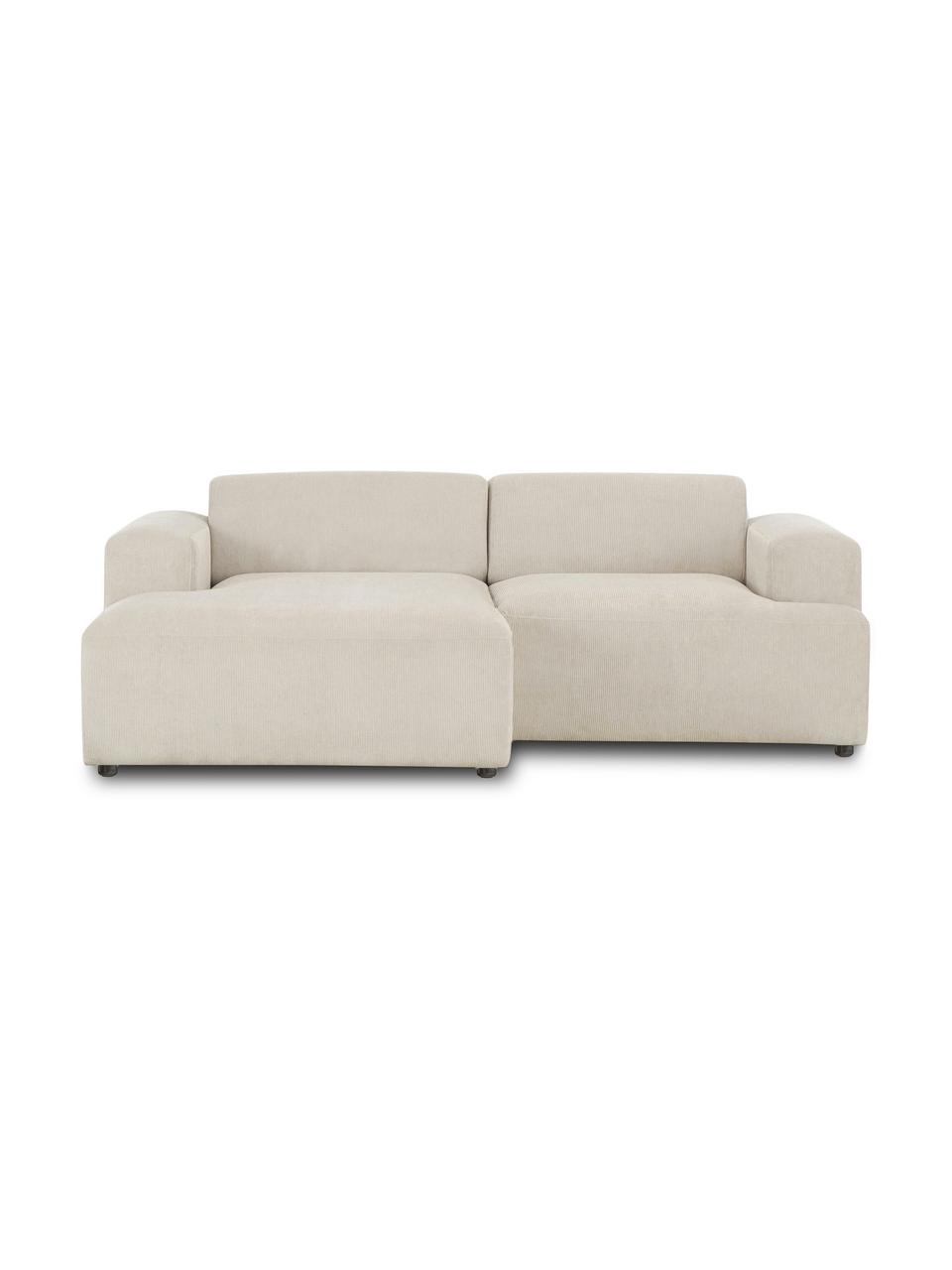 Sofa narożna ze sztruksu Melva (3-osobowa), Tapicerka: sztruks (92% poliester, 8, Stelaż: lite drewno sosnowe z cer, Nogi: tworzywo sztuczne, Beżowy sztruks, S 239 x G 143 cm, lewostronna