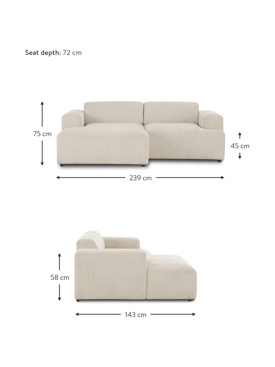 Corduroy hoekbank Melva (3-zits), Bekleding: corduroy (92% polyester, , Frame: massief grenenhout, FSC-g, Poten: kunststof, Corduroy beige, B 239 x D 143 cm, hoekdeel links
