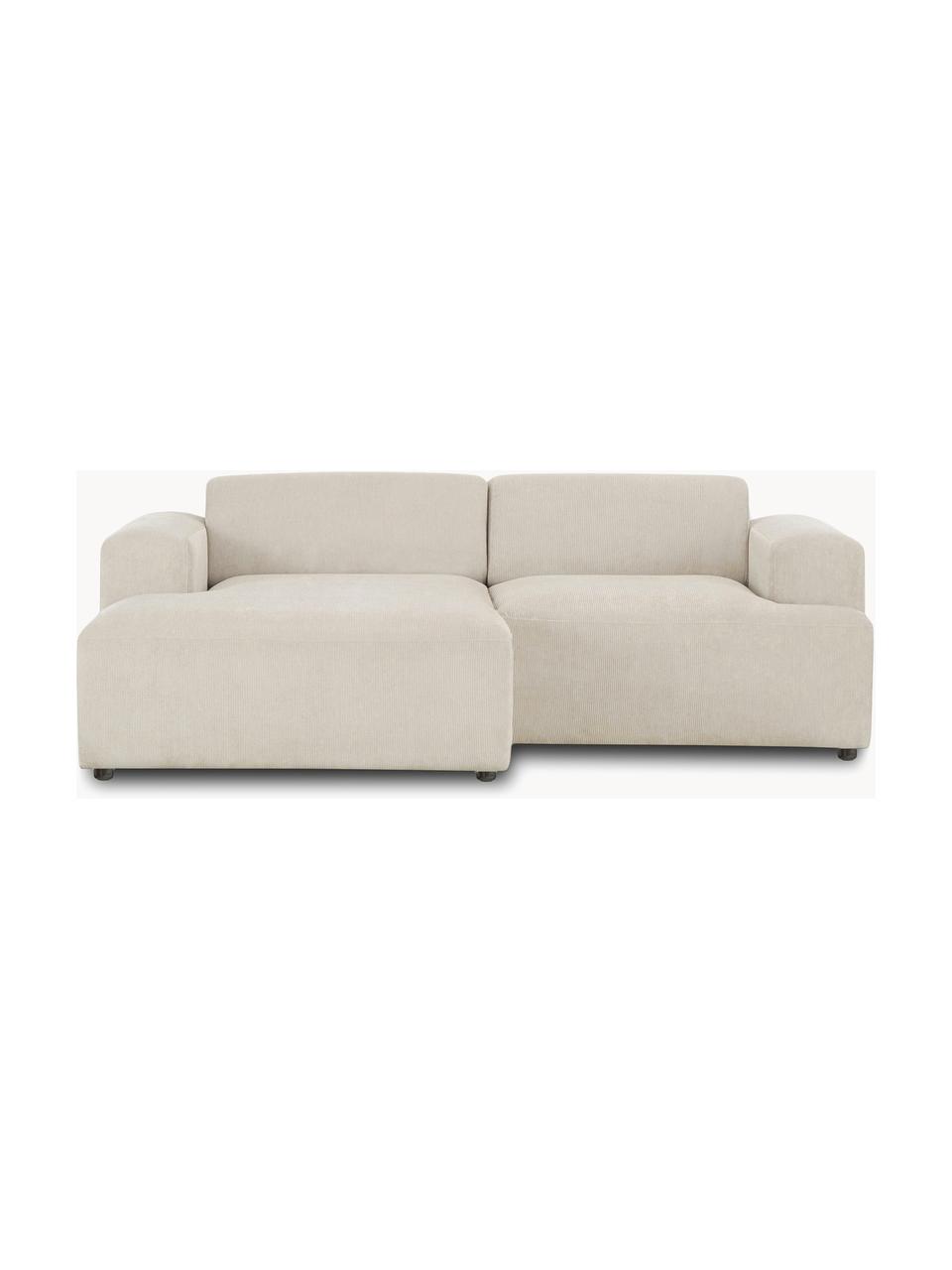 Divano angolare 3 posti in velluto a coste Melva, Rivestimento: velluto a coste (92% poli, Struttura: legno di pino massiccio, , Piedini: plastica, Velluto a coste beige chiaro, Larg. 239 x Prof. 143 cm, chaise longue a sinistra