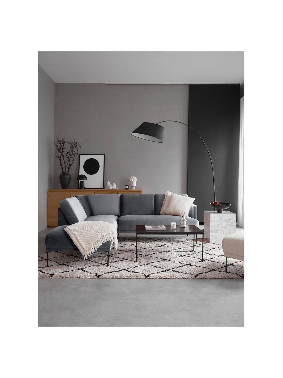 Fluwelen hoekbank Fluente met metalen poten, Bekleding: fluweel (hoogwaardig poly, Frame: massief grenenhout, FSC-g, Poten: gelakt metaal, Fluweel donkergrijs, B 221 x D 200 cm, hoekdeel links