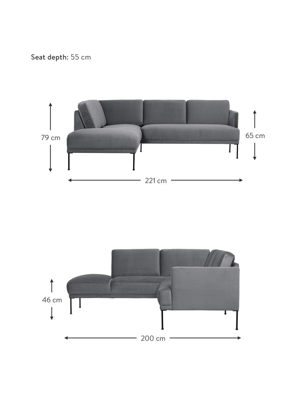Sametová rohová pohovka s kovovými nohami Fluente, Tmavě šedá, Š 221 cm, H 200 cm, levé rohové provedení