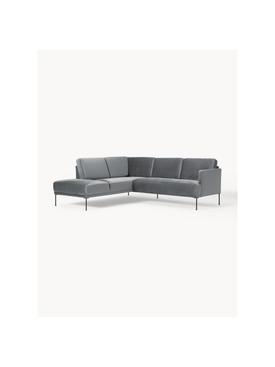 Samt-Ecksofa Fluente, Bezug: Samt (Hochwertiger Polyes, Gestell: Massives Kiefernholz, Füße: Metall, pulverbeschichtet, Samt Dunkelgrau, B 221 x T 200 cm, Eckteil links