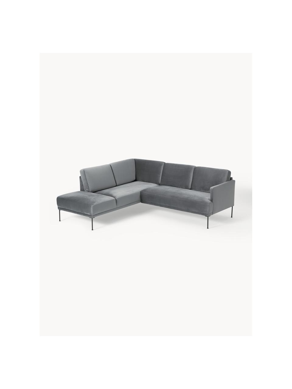 Sofa narożna z aksamitu Fluente, Tapicerka: aksamit (wysokiej jakości, Stelaż: lite drewno sosnowe, Nogi: metal malowany proszkowo , Ciemnoszary aksamit, S 221 x G 200 cm, lewostronna