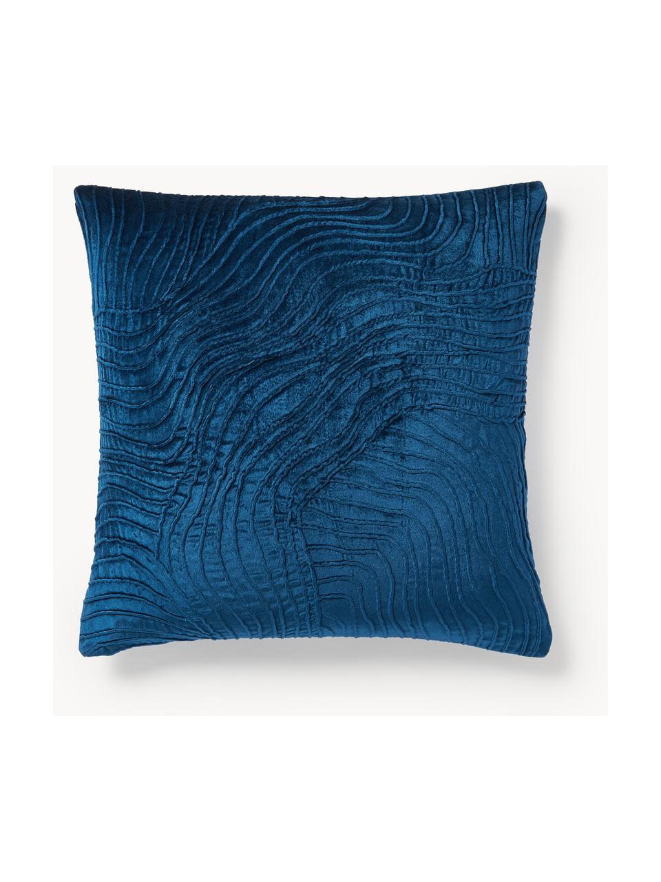 Housse de coussin 50x50 en velours avec motif structuré Nisha, Bleu foncé, larg. 50 x long. 50 cm
