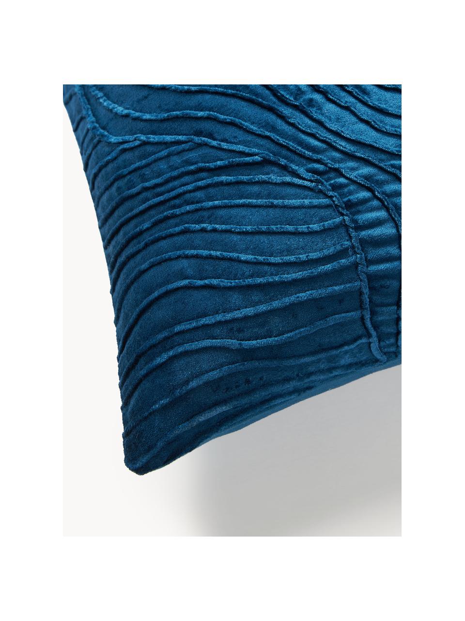 Funda de cojín de terciopelo con relieves Nisha, Parte delantera: terciopelo (54% viscosa, , Parte trasera: 100% algodón, Azul oscuro, An 50 x L 50 cm