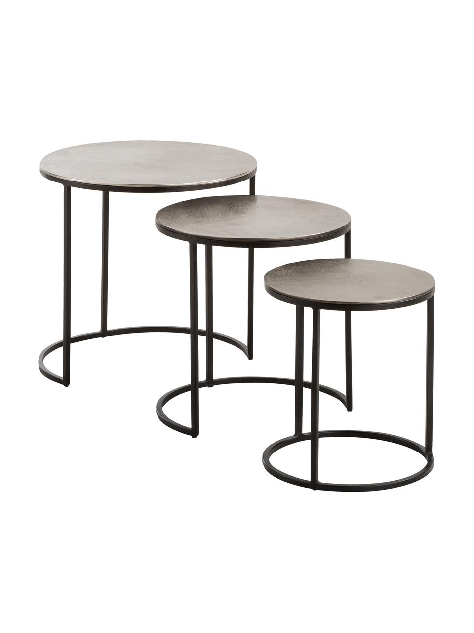 Set de mesas auxiliares Scott, 3 uds., Tablero: aluminio, recubierto, Estructura: metal, pintado, Plateado, negro, Set de diferentes tamaños