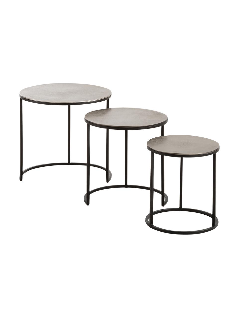 Komplet stolików pomocniczych Scott, 3 elem., Blat: aluminium powlekane, Stelaż: metal lakierowany, Odcienie srebrnego, czarny, Komplet z różnymi rozmiarami