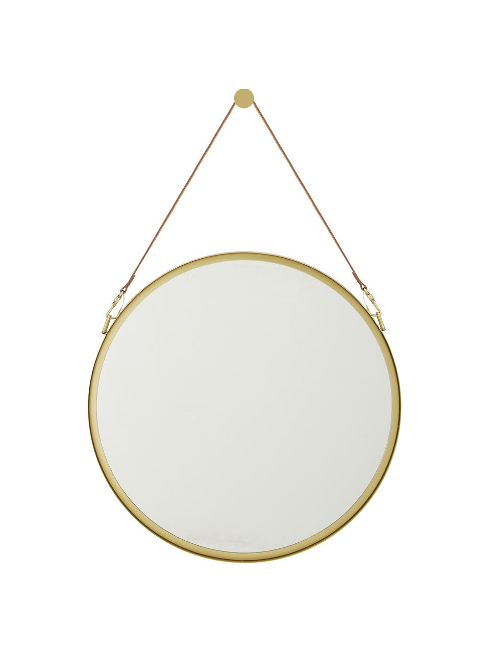 Runder Wandspiegel Liz mit brauner Lederschlaufe, Spiegelfläche: Spiegelglas, Rückseite: Mitteldichte Holzfaserpla, Gold, Ø 40 cm