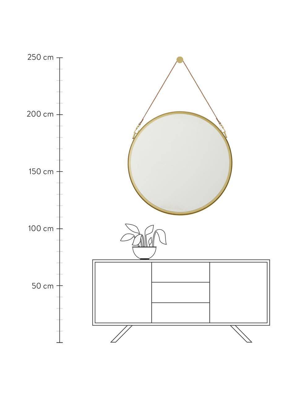 Ronde wandspiegel Liz met bruine leren ophangband, Goudkleurig, Ø 40 cm