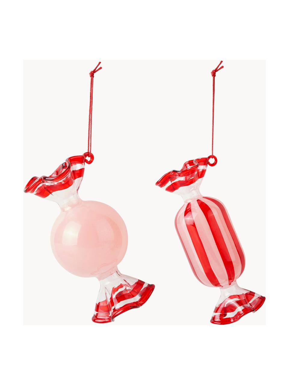 Handgefertigte Baumanhänger Candy, 2er-Set, Glas, Rot, Hellrosa, Set mit verschiedenen Größen