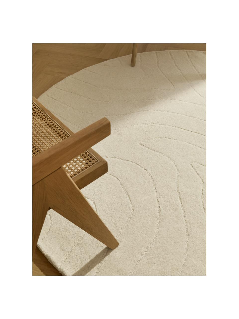 Alfombra redonda artesanal de lana Aaron, Parte superior: 100% lana, Reverso: 100% algodón Las alfombra, Blanco crema, Ø 120 cm (Tamaño S)