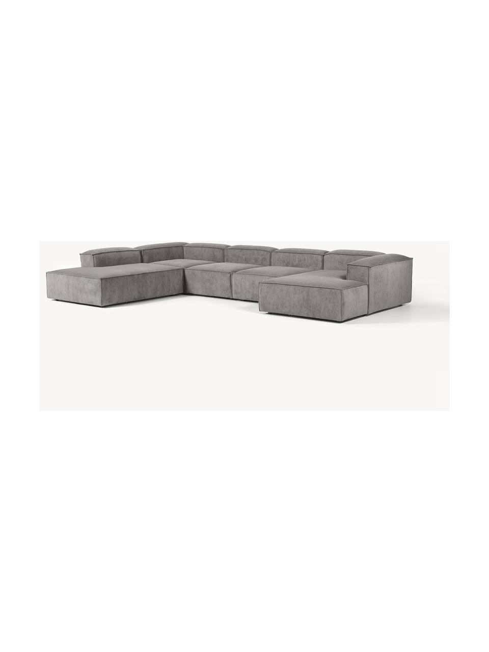 Divano angolare componibile in velluto a coste Lennon, Rivestimento: velluto a coste (92% poli, Struttura: legno di pino massiccio, , Piedini: plastica, Velluto a coste grigio chiaro, Larg. 418 x Prof. 269 cm, chaise longue a sinistra