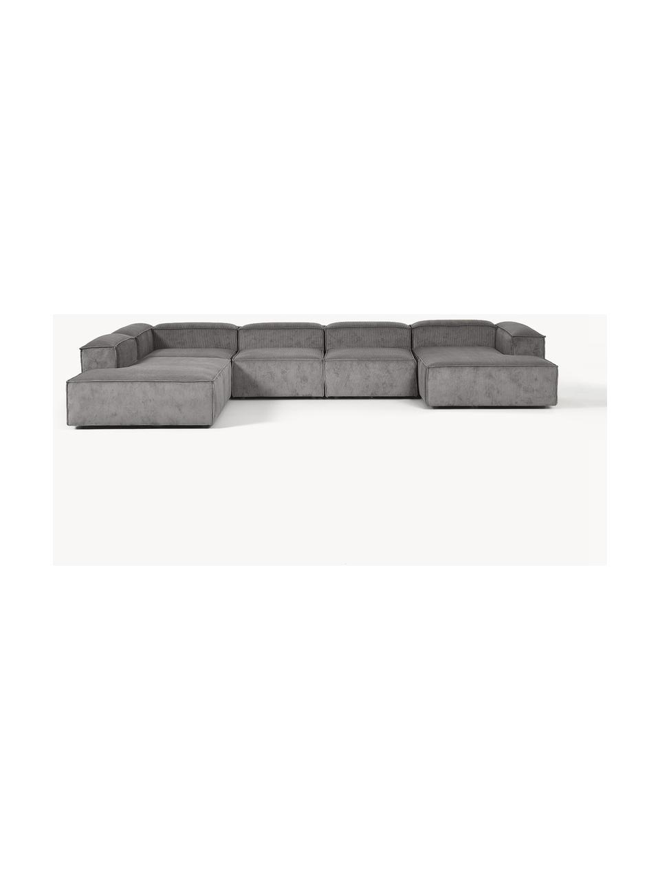 Sofa modułowa ze sztruksu Lennon, Tapicerka: sztruks (92% poliester, 8, Stelaż: lite drewno sosnowe, skle, Nogi: tworzywo sztuczne Ten pro, Szary sztruks, S 418 x G 269 cm,  lewostronna