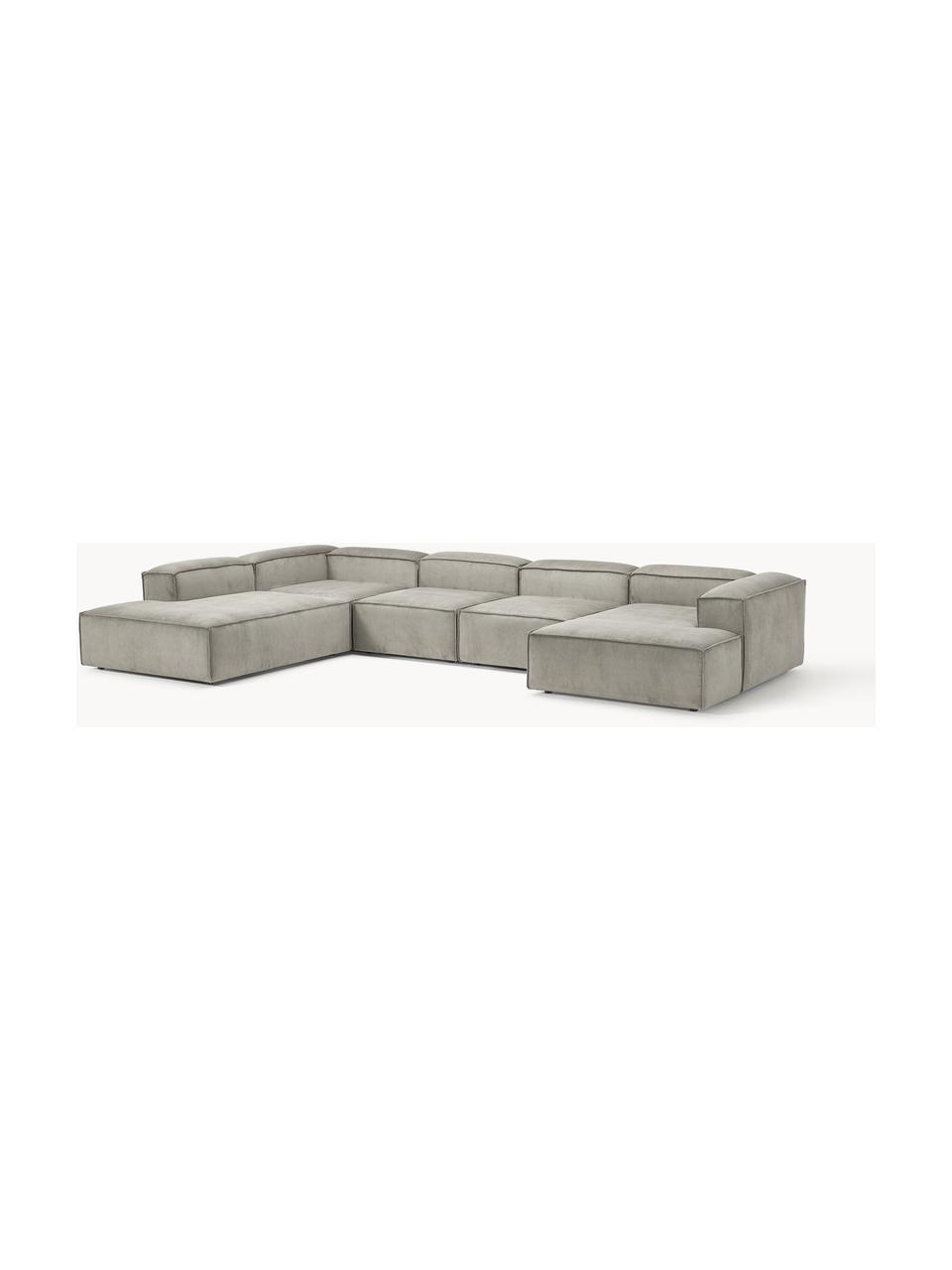 Sofa modułowa ze sztruksu Lennon, Tapicerka: sztruks (92% poliester, 8, Stelaż: lite drewno sosnowe, skle, Nogi: tworzywo sztuczne Ten pro, Szary sztruks, S 418 x G 269 cm,  lewostronna