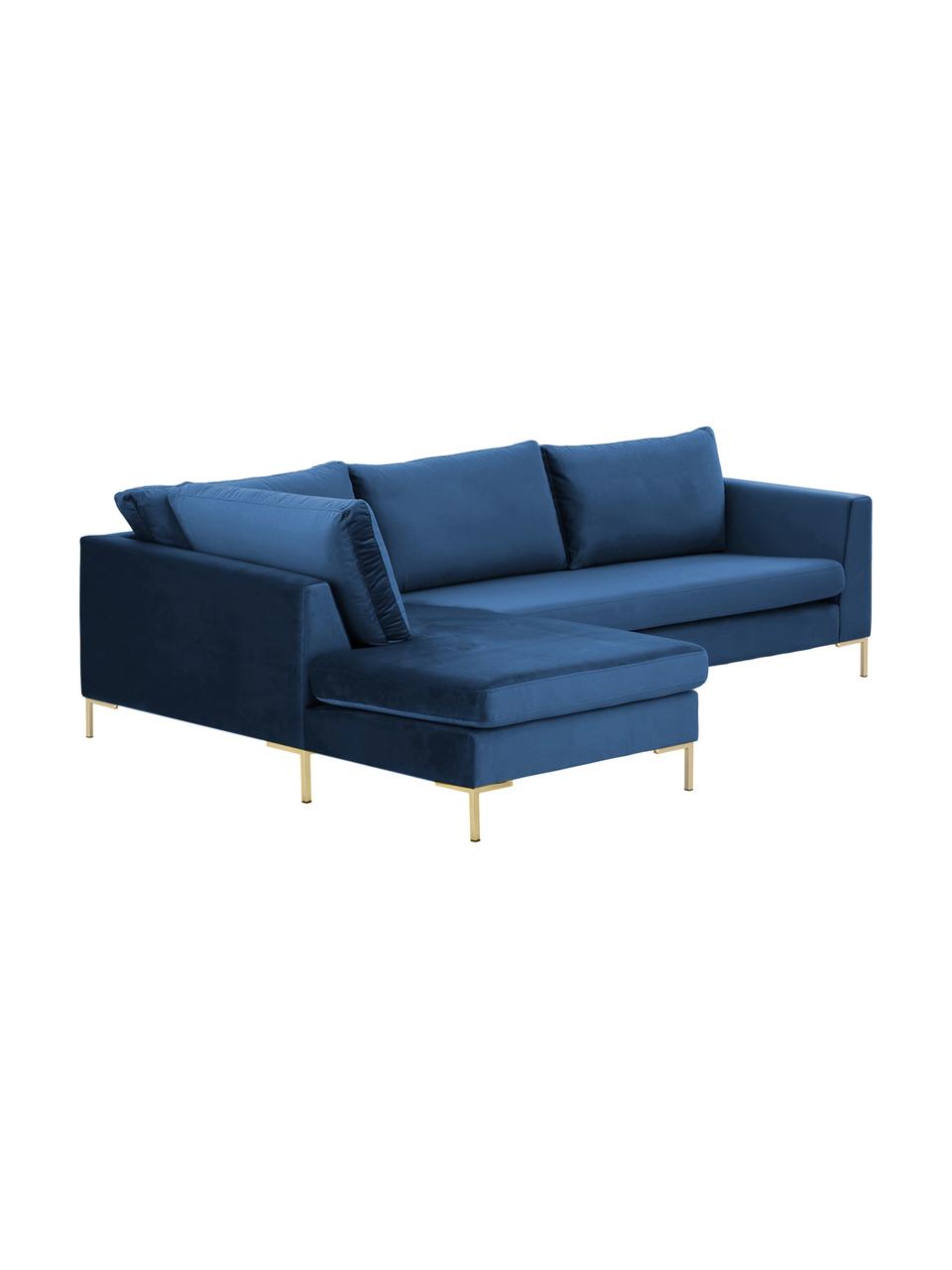 Divano angolare in velluto blu Luna, Rivestimento: velluto (poliestere) Con , Struttura: legno di faggio massiccio, Piedini: metallo zincato, Velluto blu, oro, Larg. 280 x Prof. 184 cm